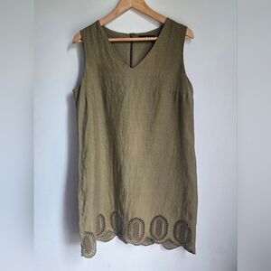 adL Khaki Sleeveless 💯 Linen  Dress with Scalloped Hem